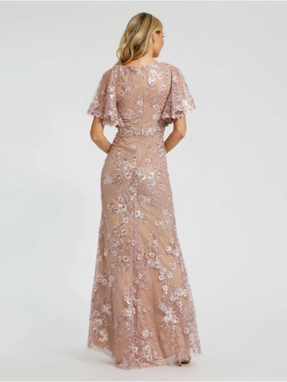 Mac Duggal - #68743 Pink Embellished Lace V Neck Butterfly Sleeve Gown Size 8 - Picture 3 of 9
